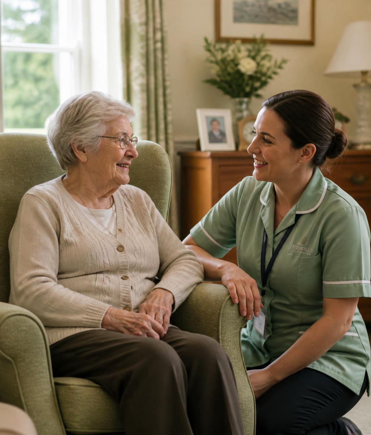 A care professional kneeling beside an older woman in her armchair, both smiling during a friendly conversation at home